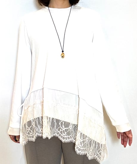 【Lallia mu／ラリアムー】レースヘムハイテンションカットソー