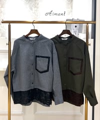 【trois／トロワ】レースデザイン バンドカラーストライプブラウス