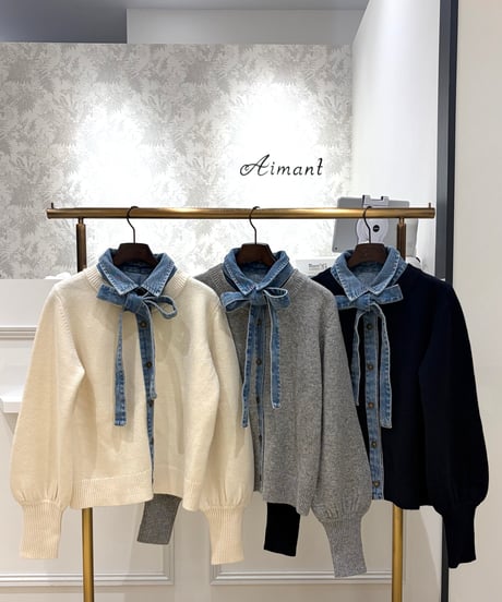 【TULUMB／トゥルム】デニムボウタイ付  ドッキングカーディガン