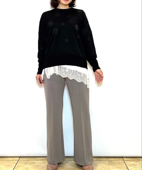 【Lallia mu／ラリアムー】レースヘムハイテンションカットソー