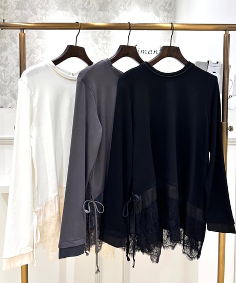 【Lallia mu／ラリアムー】レースヘムハイテンションカットソー