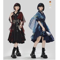 アシンメトリーワンピース 敦煌柄プリント ショール付き 2色