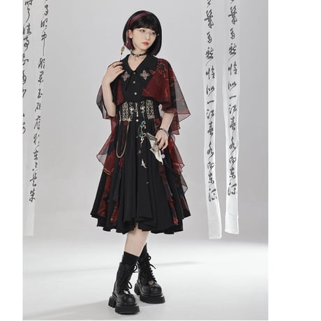 アシンメトリーワンピース 敦煌柄プリント ショール付き 2色