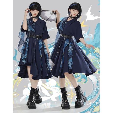 アシンメトリーワンピース 敦煌柄プリント ショール付き 2色