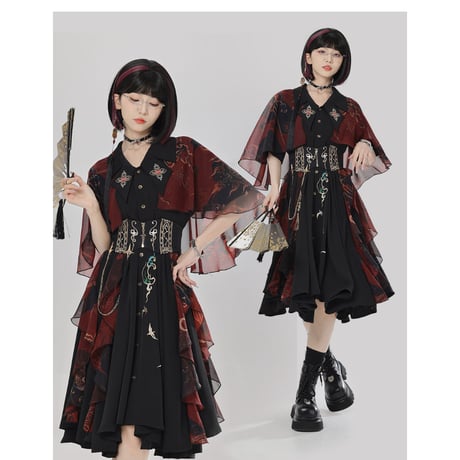 アシンメトリーワンピース 敦煌柄プリント ショール付き 2色