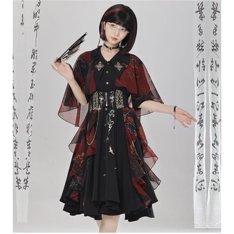 アシンメトリーワンピース 敦煌柄プリント ショール付き 2色