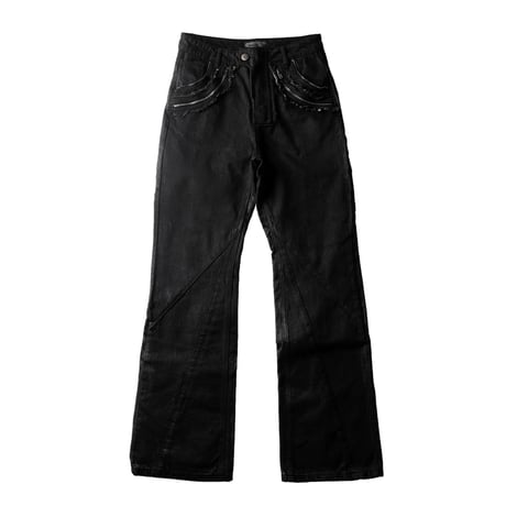 SERONINE LAB / WAX-COATED FRAYED-EDGE ZIP DENIM PANTS