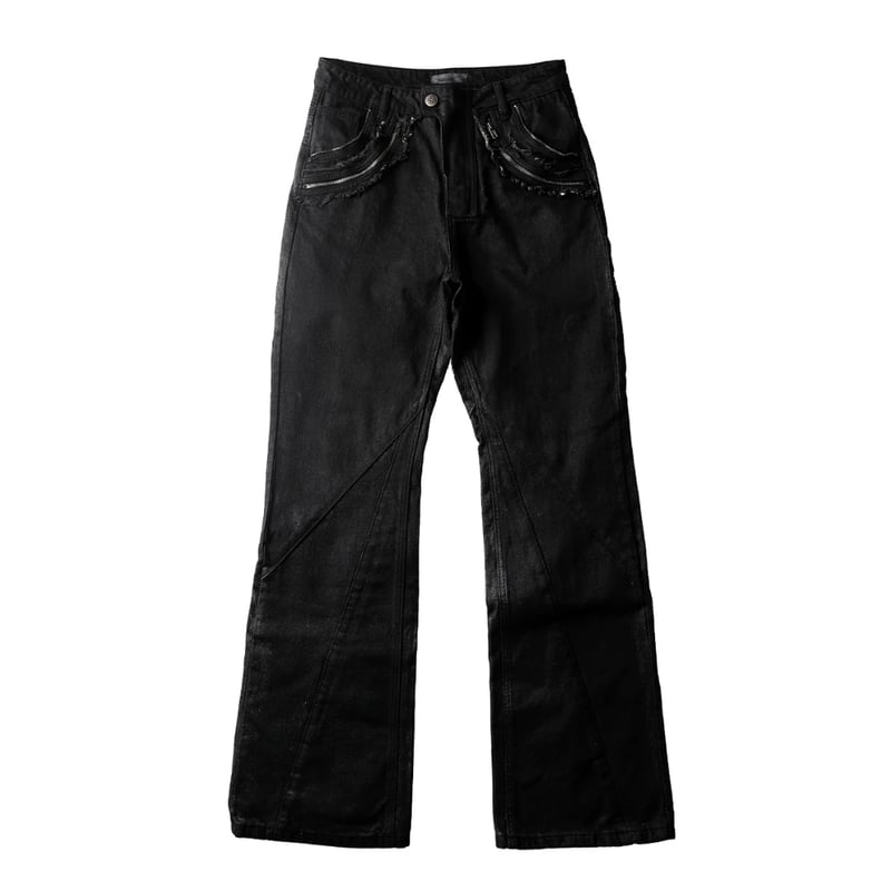 SERONINE LAB / WAX-COATED FRAYED-EDGE ZIP DENIM