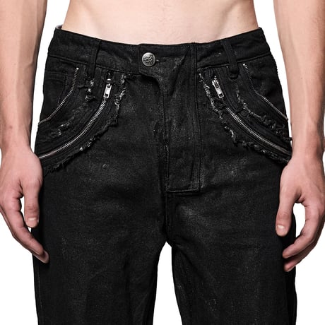 SERONINE LAB / WAX-COATED FRAYED-EDGE ZIP DENIM PANTS
