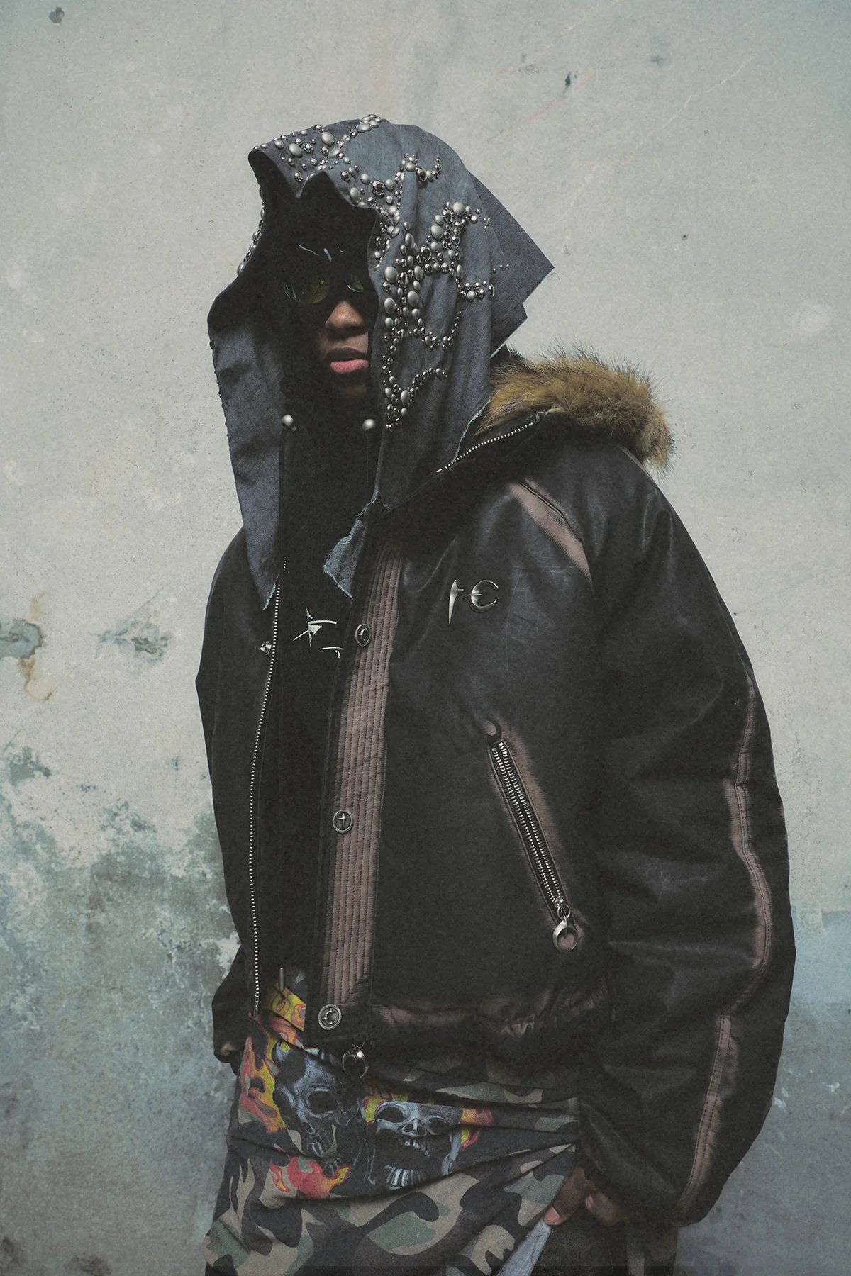 Thug club tribal three jacket L size 新品 THUG CLUB / THREE RIDING SKULL FUR HOODED JACKE