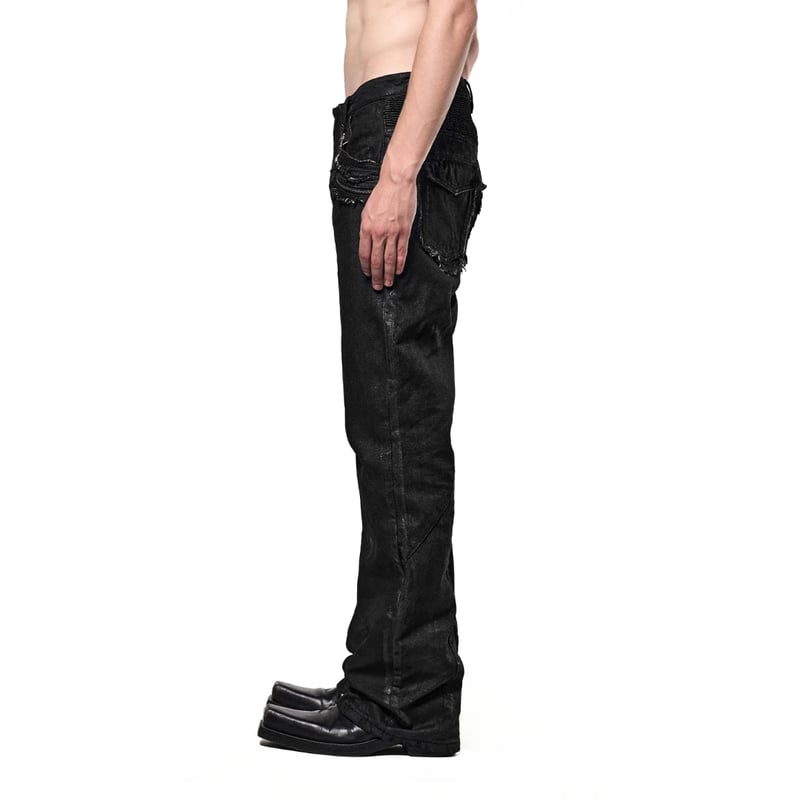 SERONINE LAB / WAX-COATED FRAYED-EDGE ZIP DENIM