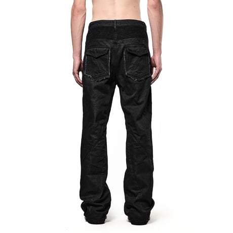 SERONINE LAB / WAX-COATED FRAYED-EDGE ZIP DENIM PANTS