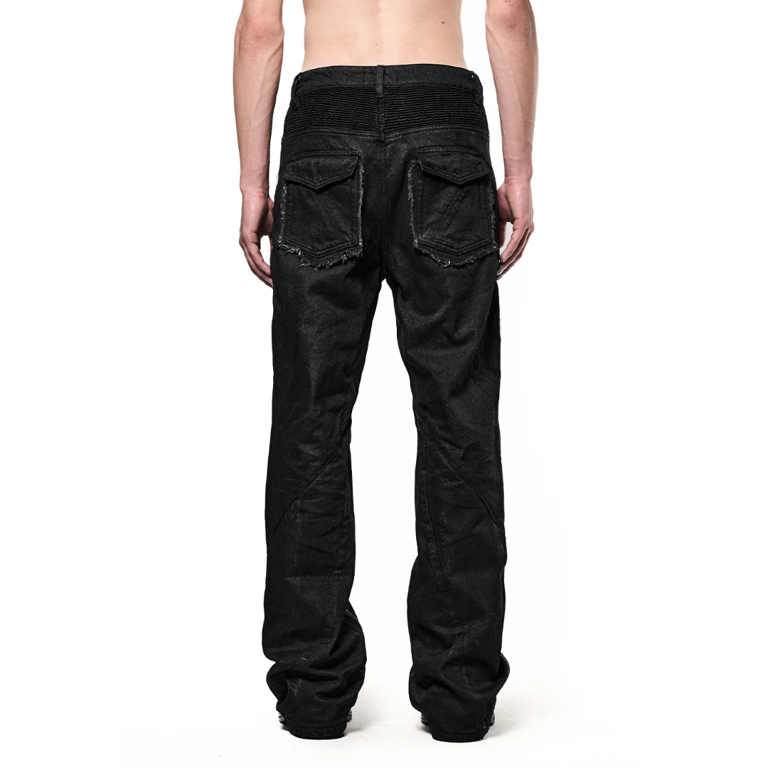 SERONINE LAB / WAX-COATED FRAYED-EDGE ZIP DENIM