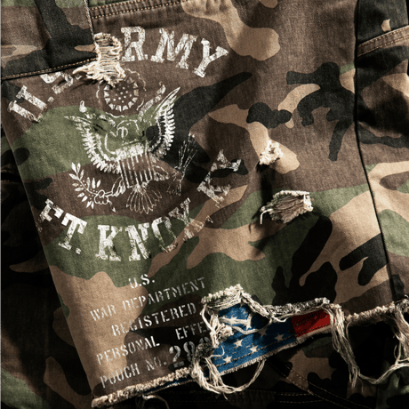 FIVEKOH / HAND DISTRESSED CAMO CARGO SHORTS