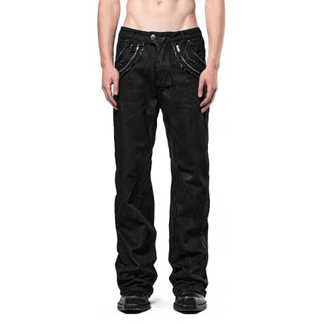 SERONINE LAB / WAX-COATED FRAYED-EDGE ZIP DENIM PANTS