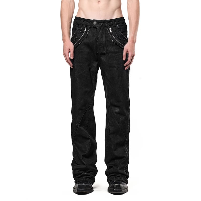 SERONINE LAB / WAX-COATED FRAYED-EDGE ZIP DENIM