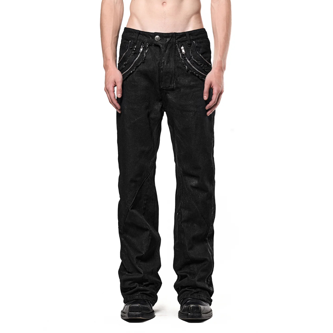SERONINE LAB / WAX-COATED FRAYED-EDGE ZIP DENIM