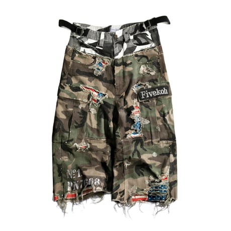 FIVEKOH / HAND DISTRESSED CAMO CARGO SHORTS