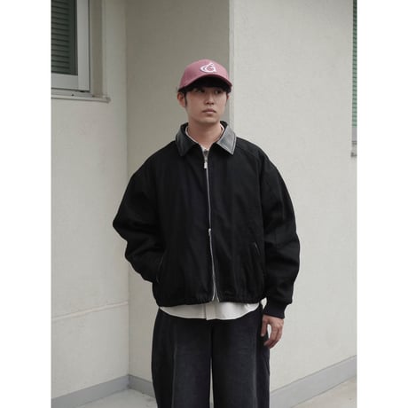 faux leather collar quilt-lined blouson【black】