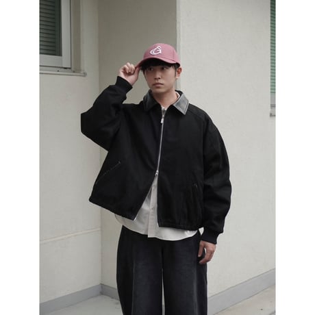 faux leather collar quilt-lined blouson【black】