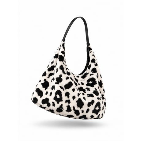 cow pattern faux fur hobo bag【white】