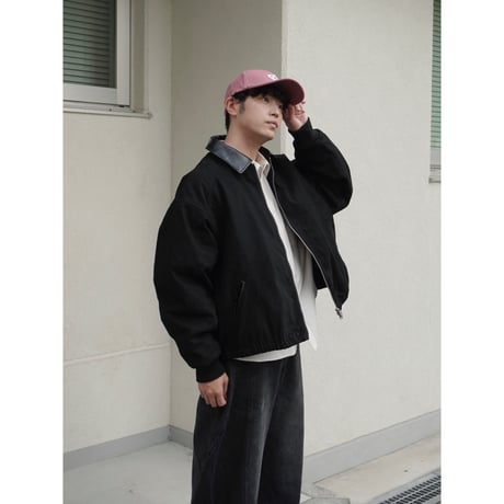 faux leather collar quilt-lined blouson【black】