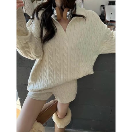 Cable Knit Short Pants Set Up