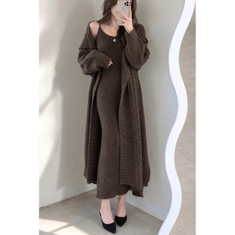 Rib Knit Dress & Long Cardigan Set