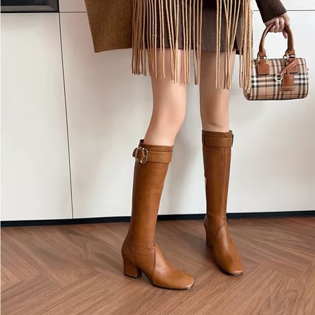 Gold Buckle Slim Long Boots