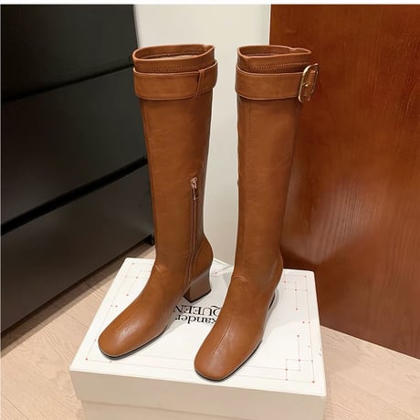 Gold Buckle Slim Long Boots