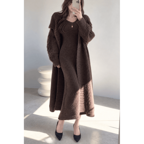 Rib Knit Dress & Long Cardigan Set
