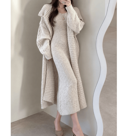 Rib Knit Dress & Long Cardigan Set