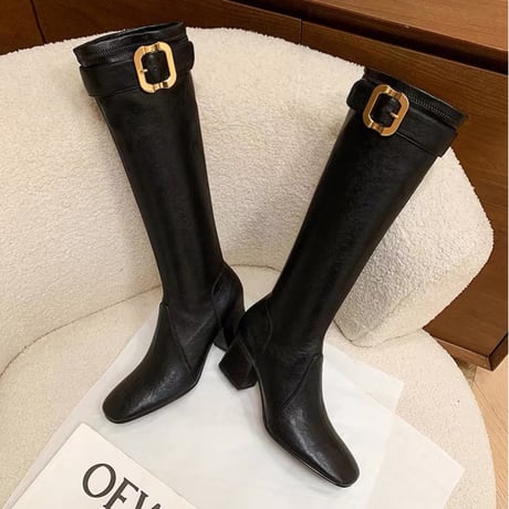 Gold Buckle Slim Long Boots