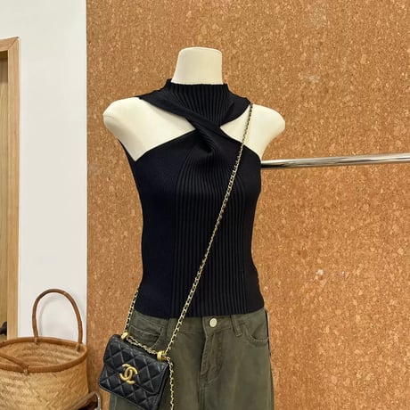 Cross Neck Rib Knit Top