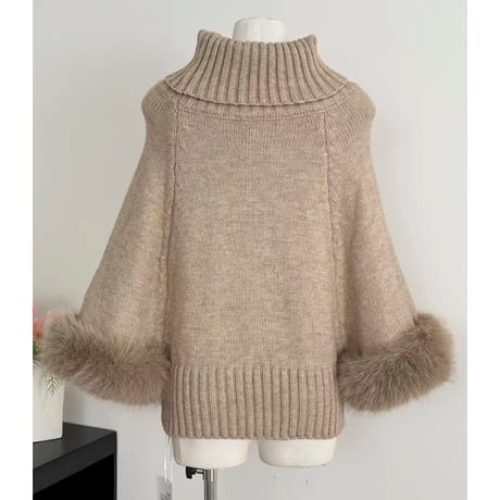 Fur Trim Cable Knit Poncho