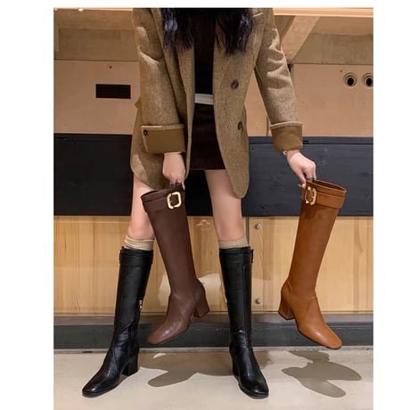 Gold Buckle Slim Long Boots