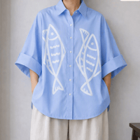 サバンナ オーバーサイズシャツ ブルー（魚 プリント）