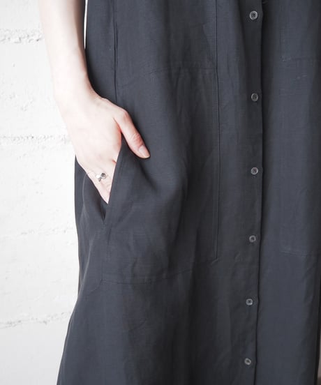 Front Button Racer Back Sleeveless Linen Dress BK