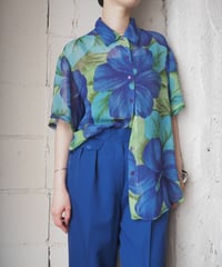 Big Flower Pattern Short Sleeve Sheer Shirt BL LBL LGN