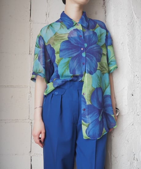 Big Flower Pattern Short Sleeve Sheer Shirt BL LBL LGN