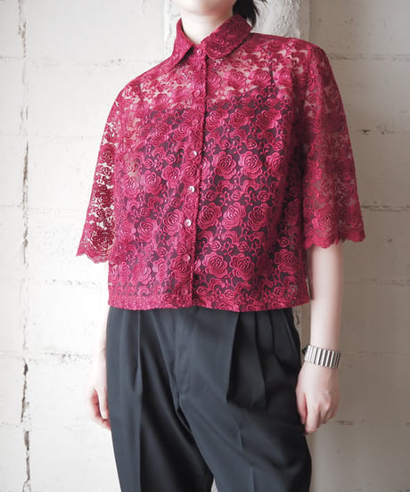 Floral Pattern Lace Sheer Half Sleeve Shirt BUR