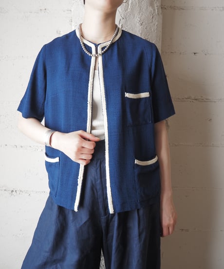 1960-70's White Piping Open Front Cardigan BL