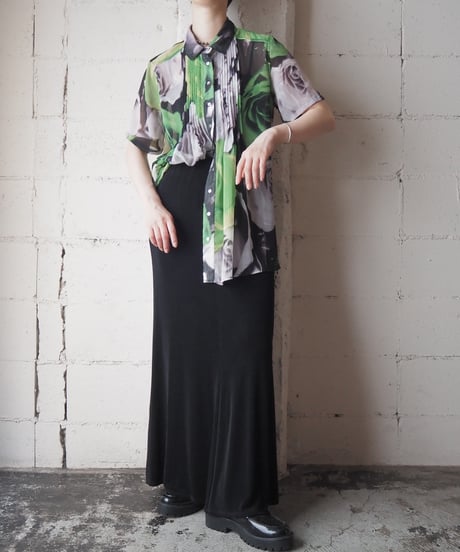 Rose Print Pleated Bosom Short Sleeve Shirt GN GR