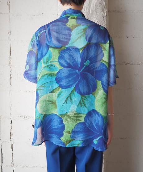 Big Flower Pattern Short Sleeve Sheer Shirt BL LBL LGN