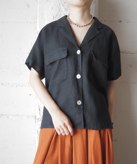 Open Collar Linen S/S Shirt BK