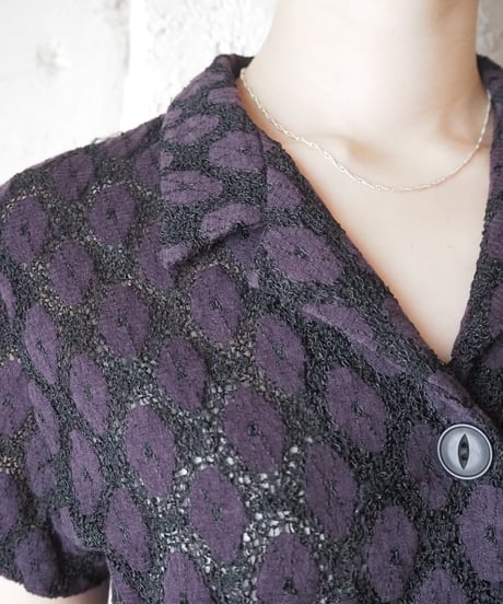 Pattern Crochet S/S Open Collar Shirt PURBK