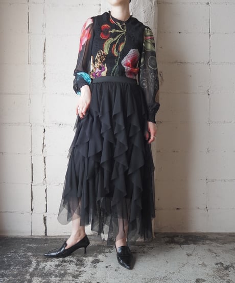 Ruffled Tulle Long Skirt BK