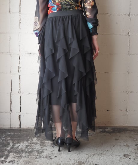Ruffled Tulle Long Skirt BK
