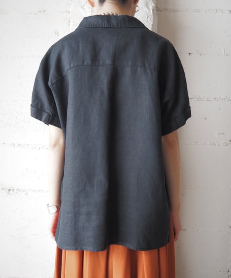 Open Collar Linen S/S Shirt BK