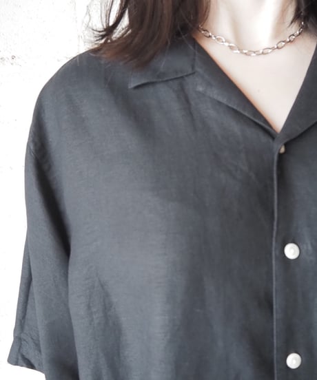 Open Collar Short Sleeve Rayon Linen Blend Shirt BK